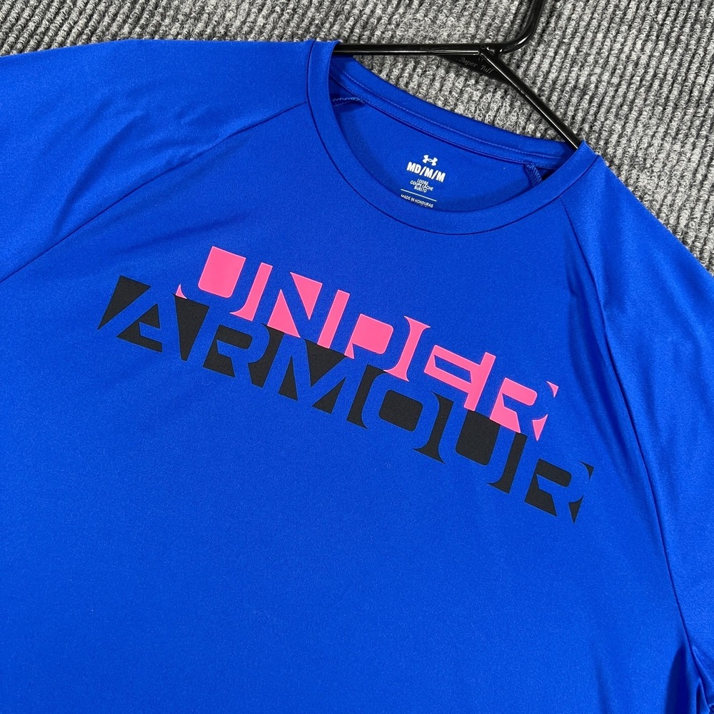 Under Armour Shirt Mens Medium Blue Short Sleeve Logo‎ Graphic Training Gym